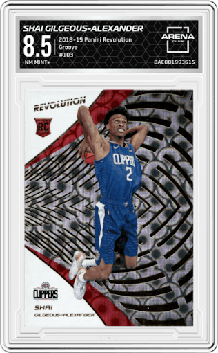 Shai Gilgeous-Alexander from the 2018-19 Panini Revolution  set featuring a Groove parallel graded by Arena Club and given an overall grade of 8.5.
