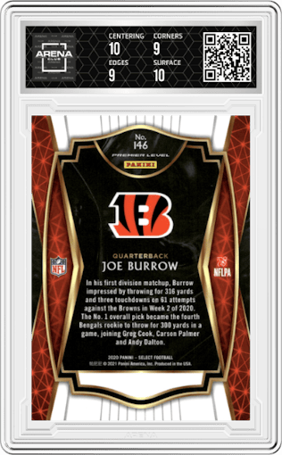 Joe Burrow from the 2020 Panini Select set graded by Arena Club and given an overall grade of 9.5.