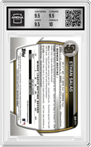 Ethan Salas from the 2023 Bowman Chrome set graded by Arena Club and given an overall grade of 10.