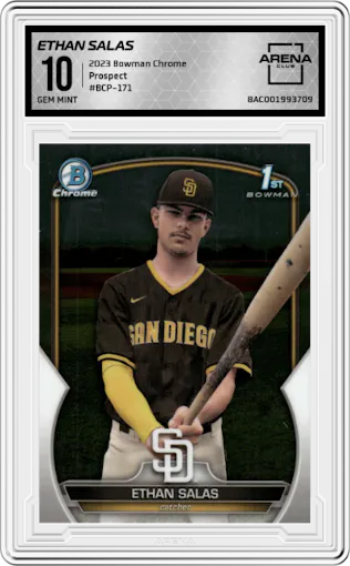 Ethan Salas from the 2023 Bowman Chrome set graded by Arena Club and given an overall grade of 10.