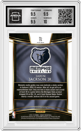 Jaren Jackson Jr. from the 2018-19 Panini Select  set featuring a Silver Prizm parallel graded by Arena Club and given an overall grade of 10.