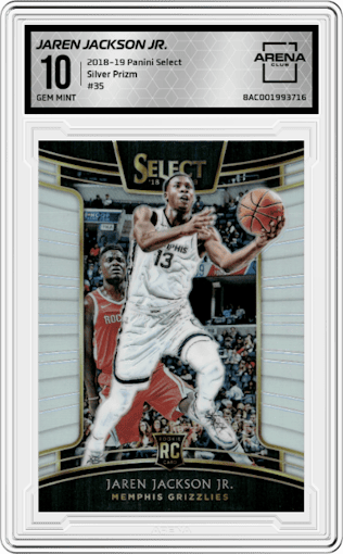 Jaren Jackson Jr. from the 2018-19 Panini Select  set featuring a Silver Prizm parallel graded by Arena Club and given an overall grade of 10.
