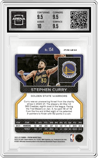 Stephen Curry  from the 2021-22 Panini Prizm  set featuring a Silver Prizm parallel graded by Arena Club and given an overall grade of 10.