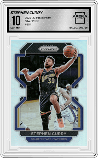 Stephen Curry  from the 2021-22 Panini Prizm  set featuring a Silver Prizm parallel graded by Arena Club and given an overall grade of 10.