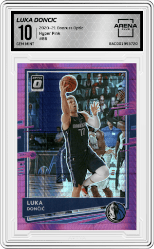 Luka Doncic from the 2020-21 Panini Donruss Optic set featuring a Hyper Pink parallel graded by Arena Club and given an overall grade of 10.
