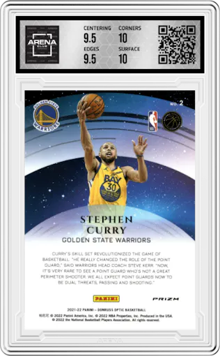 Stephen Curry from the 2021-22 Panini Donruss Optic set featuring a Holo parallel graded by Arena Club and given an overall grade of 10.