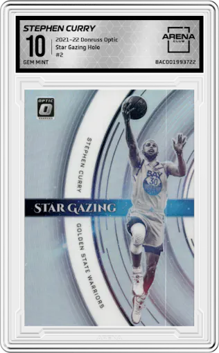Stephen Curry from the 2021-22 Panini Donruss Optic set featuring a Holo parallel graded by Arena Club and given an overall grade of 10.