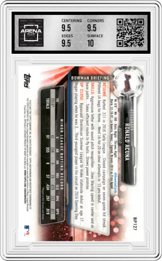 Ronald Acuna from the 2017 Bowman set graded by Arena Club and given an overall grade of 10.