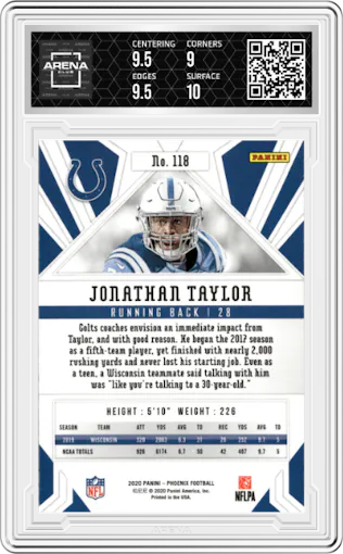 Jonathan Taylor from the 2020 Panini Phoenix set featuring a Fire Burst parallel graded by Arena Club and given an overall grade of 9.5.
