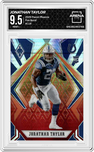 Jonathan Taylor from the 2020 Panini Phoenix set featuring a Fire Burst parallel graded by Arena Club and given an overall grade of 9.5.
