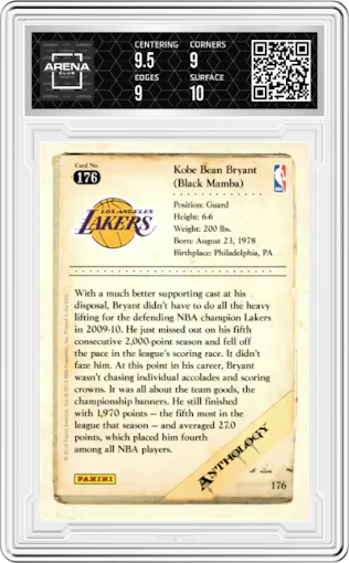 Kobe Bryant from the 2012-13 Panini Kobe Anthology  set graded by Arena Club and given an overall grade of 9.5.