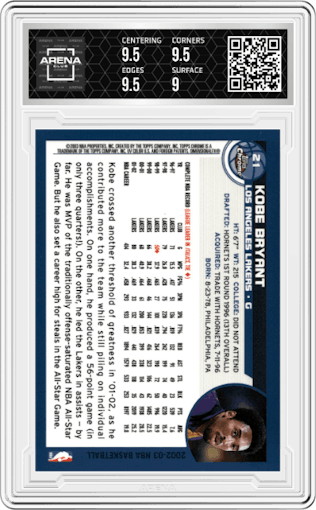 Kobe Bryant from the 2002-03 Topps Chrome set graded by Arena Club and given an overall grade of 9.5.