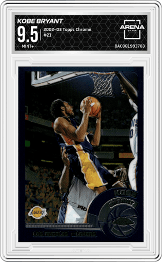 Kobe Bryant from the 2002-03 Topps Chrome set graded by Arena Club and given an overall grade of 9.5.