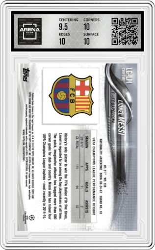 Lionel Messi from the 2017-18 Topps Chrome UEFA Champions League set graded by Arena Club and given an overall grade of 10.