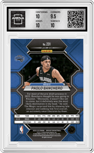 Paolo Banchero from the 2022-23 Panini Mosaic set featuring a Silver Prizm parallel graded by Arena Club and given an overall grade of 10.