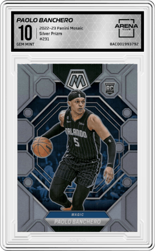 Paolo Banchero from the 2022-23 Panini Mosaic set featuring a Silver Prizm parallel graded by Arena Club and given an overall grade of 10.