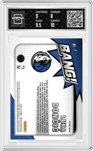 Luka Doncic from the 2020-21 Panini Mosaic set featuring a Green Mosaic parallel graded by Arena Club and given an overall grade of 8.5.