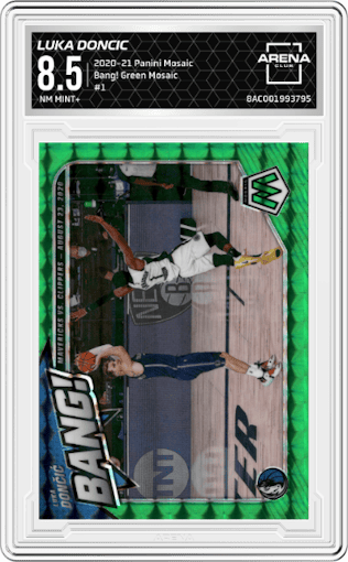 Luka Doncic from the 2020-21 Panini Mosaic set featuring a Green Mosaic parallel graded by Arena Club and given an overall grade of 8.5.