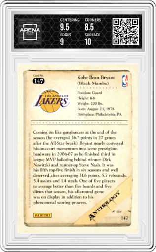 Kobe Bryant from the 2012-13 Panini Kobe Anthology  set graded by Arena Club and given an overall grade of 9.
