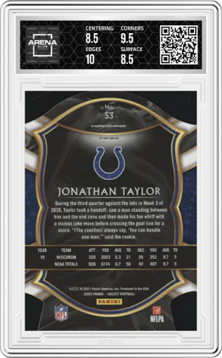 Jonathan Taylor from the 2020 Panini Select set featuring a Die-Cut Light Blue parallel graded by Arena Club and given an overall grade of 9.