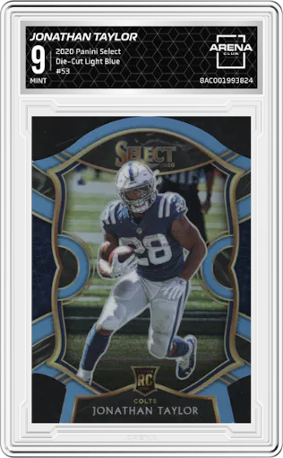 Jonathan Taylor from the 2020 Panini Select set featuring a Die-Cut Light Blue parallel graded by Arena Club and given an overall grade of 9.
