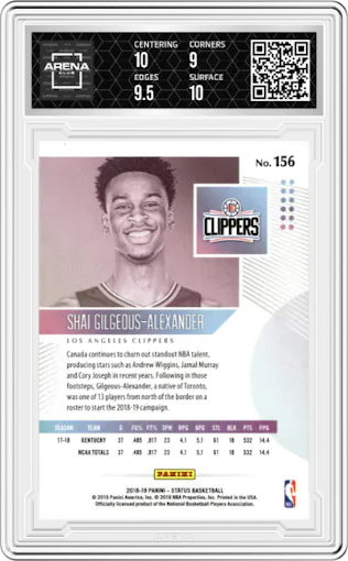 Shai Gilgeous-Alexander from the 2018-19 Panini Status set graded by Arena Club and given an overall grade of 9.5.