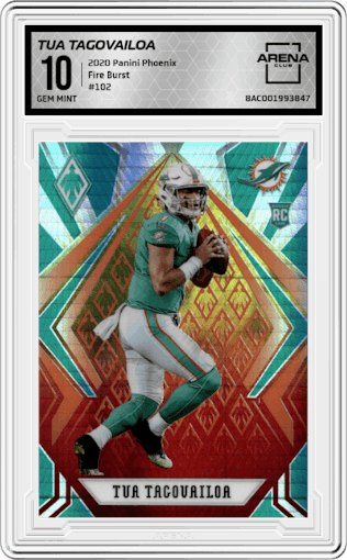 Tua Tagovailoa from the 2020 Panini Phoenix set featuring a Fire Burst parallel graded by Arena Club and given an overall grade of 10.