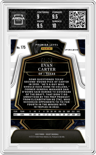 Evan Carter from the 2023 Panini Select set featuring a Neon Green parallel graded by Arena Club and given an overall grade of 9.5.