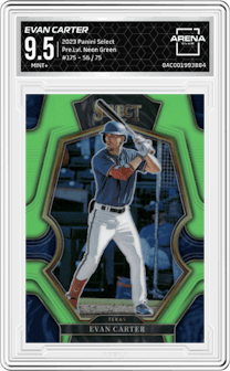 Evan Carter from the 2023 Panini Select set featuring a Neon Green parallel graded by Arena Club and given an overall grade of 9.5.