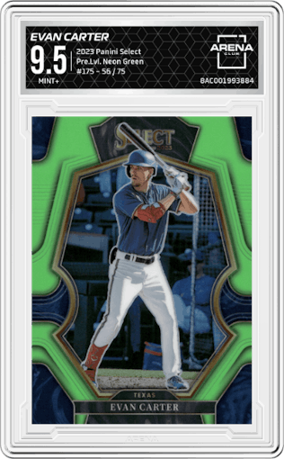 Evan Carter from the 2023 Panini Select set featuring a Neon Green parallel graded by Arena Club and given an overall grade of 9.5.