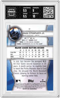 Jazz Chisholm Jr. from the 2023 Bowman Platinum set graded by Arena Club and given an overall grade of 9.5.