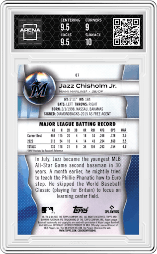 Jazz Chisholm Jr. from the 2023 Bowman Platinum set graded by Arena Club and given an overall grade of 9.5.