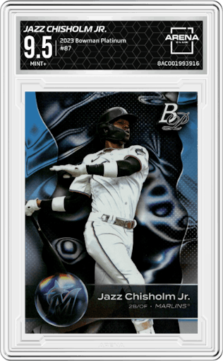 Jazz Chisholm Jr. from the 2023 Bowman Platinum set graded by Arena Club and given an overall grade of 9.5.