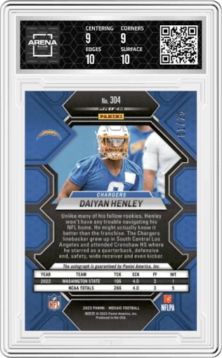 Daiyan Henley from the 2023 Panini Mosaic set featuring a White Mosaic parallel graded by Arena Club and given an overall grade of 9.5.