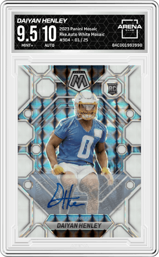 Daiyan Henley from the 2023 Panini Mosaic set featuring a White Mosaic parallel graded by Arena Club and given an overall grade of 9.5.