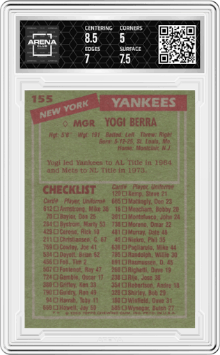 Yogi Berra from the 1985 Topps set graded by Arena Club and given an overall grade of 5.5.