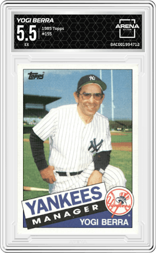 Yogi Berra from the 1985 Topps set graded by Arena Club and given an overall grade of 5.5.