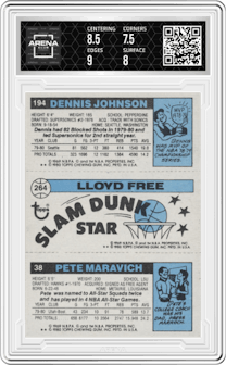 Pete Maravich/Lloyd Free/Dennis Johnson from the 1980-81 Topps set graded by Arena Club and given an overall grade of 8.