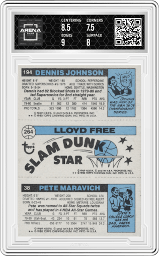 Pete Maravich/Lloyd Free/Dennis Johnson from the 1980-81 Topps set graded by Arena Club and given an overall grade of 8.