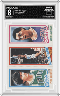 Pete Maravich/Lloyd Free/Dennis Johnson from the 1980-81 Topps set graded by Arena Club and given an overall grade of 8.