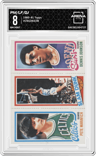 Pete Maravich/Lloyd Free/Dennis Johnson from the 1980-81 Topps set graded by Arena Club and given an overall grade of 8.