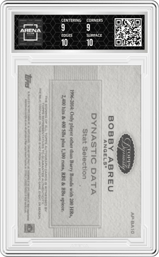 Bobby Abreu from the 2016 Topps Dynasty set graded by Arena Club and given an overall grade of 9.5.