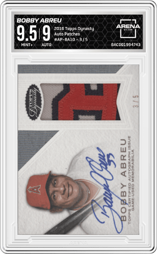 Bobby Abreu from the 2016 Topps Dynasty set graded by Arena Club and given an overall grade of 9.5.