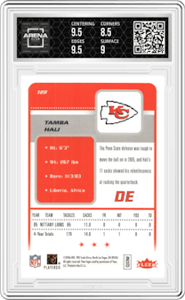 Tamba Hali from the 2006 Fleer set graded by Arena Club and given an overall grade of 9.