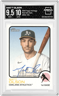Matt Olson from the 2022 Topps Heritage set graded by Arena Club and given an overall grade of 9.5.
