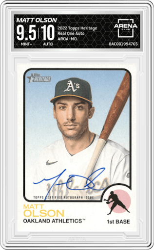 Matt Olson from the 2022 Topps Heritage set graded by Arena Club and given an overall grade of 9.5.
