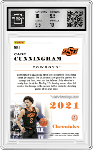 Cade Cunningham from the 2021-22 Panini Chronicles Draft Picks set featuring a Pulsar parallel graded by Arena Club and given an overall grade of 10.
