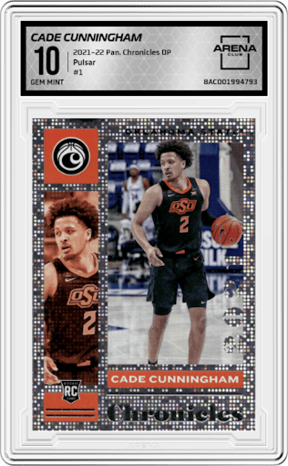 Cade Cunningham from the 2021-22 Panini Chronicles Draft Picks set featuring a Pulsar parallel graded by Arena Club and given an overall grade of 10.