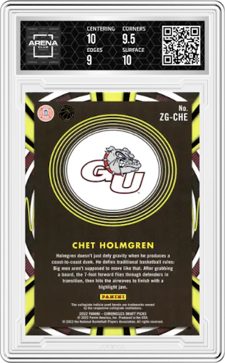 Chet Holmgren from the 2022-23 Panini Chronicles Draft Picks set graded by Arena Club and given an overall grade of 9.5.