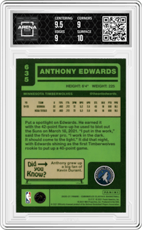 Anthony Edwards from the 2020-21 Panini Chronicles set graded by Arena Club and given an overall grade of 9.5.
